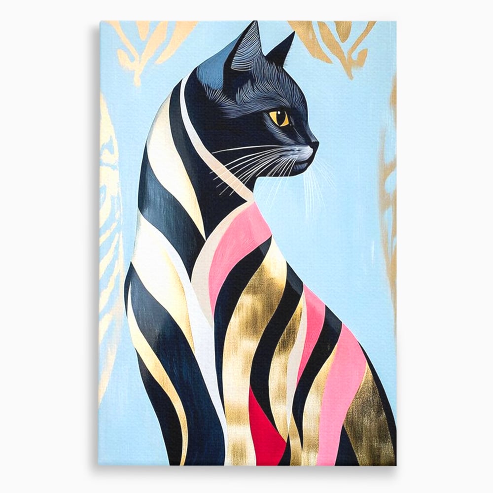 Tablou canvas cu tablou canvas cu pisica neagra stilizata, fara rama, pe sasiu de lemn
